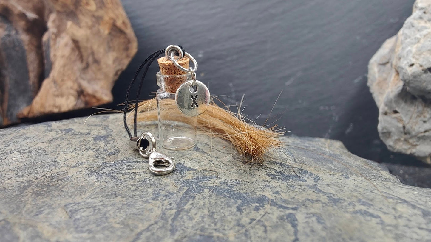 Vial, bottle with letter charm to fill yourself for fur, ashes or hair, sand, curl, teeth, memorial jewelry, keepsake