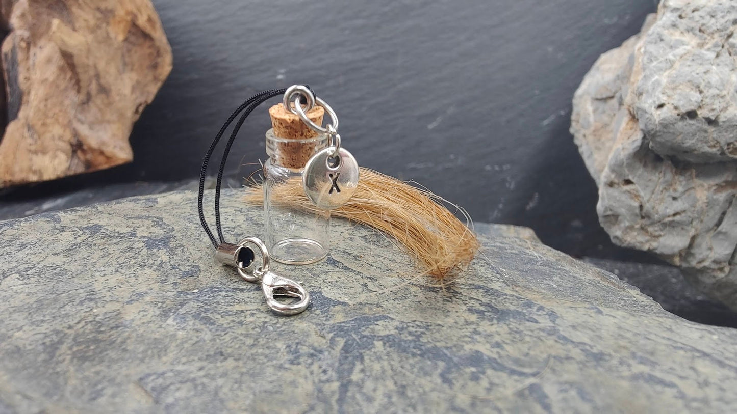 Vial, bottle with letter charm to fill yourself for fur, ashes or hair, sand, curl, teeth, memorial jewelry, keepsake