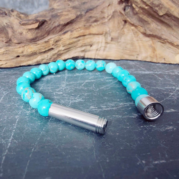 Gedenkschmuck, Armband aus Türkise mit Miniurne zum selber füllen DIY