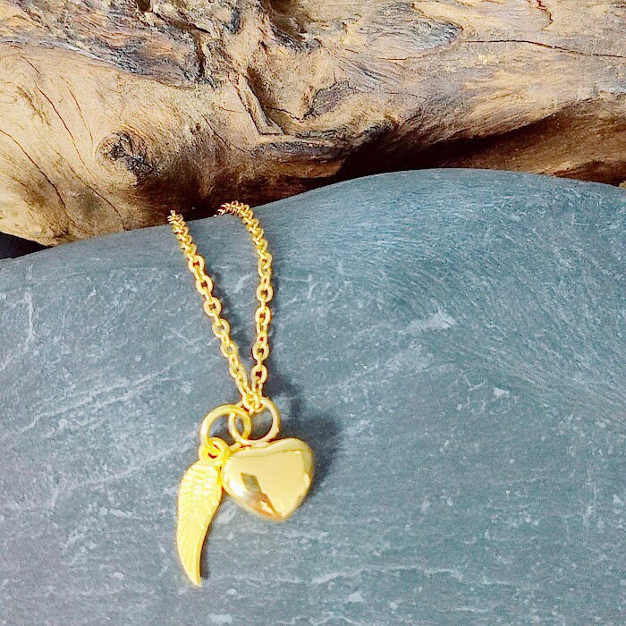 Miniurne Edelstahl Herz + Flügel mit Kette