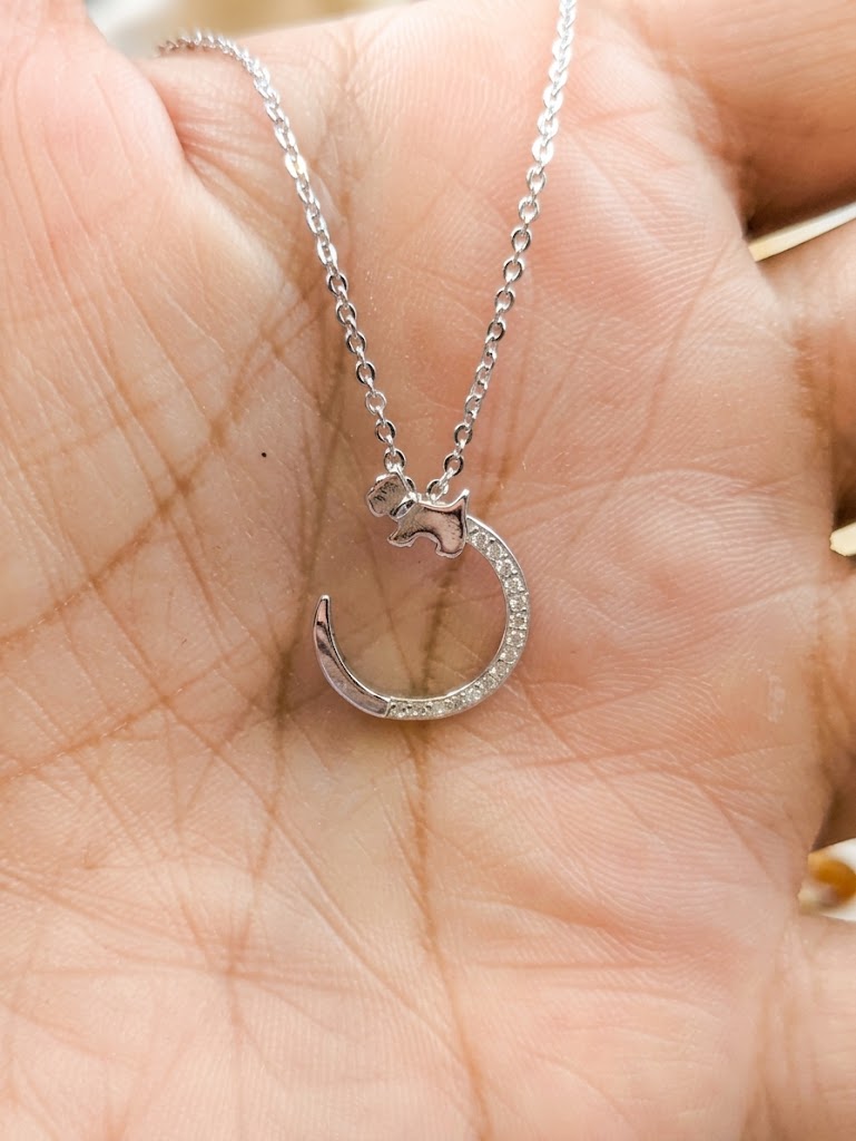 Der Anhänger zeigt einen kleinen, liebevoll ausgearbeiteten Westi auf einem elegant geformten Bogen, der mit feinen, funkelnden Cubic Zirkonia-Steinen besetzt ist in der Hand für Größenverhältnis.
Zinou Minimanufaktur