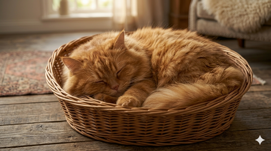 Eine flauschige, rötliche Perserkatze liegt friedlich schlafend eingekuschelt in einem runden Bastkörbchen.