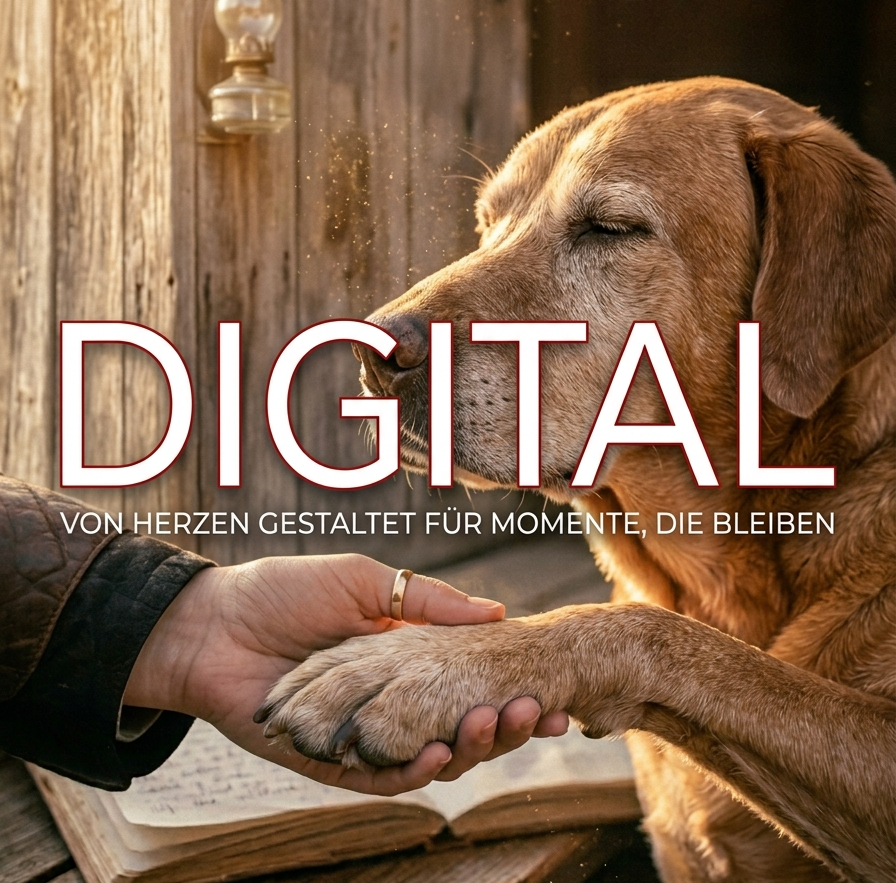 Kollektionsbild für digitale Produkte von Zinou Minimanufaktur: Ein heller, älterer Hund hält friedlich die Pfote in die Hand eines Menschen, im Hintergrund warmes Sonnenlicht und das Wort DIGITAL.