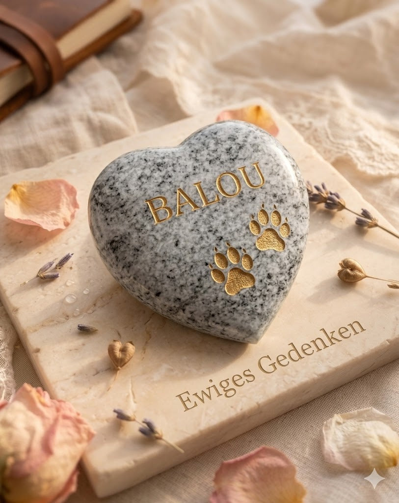 Tiergedenkstein Herz aus Granit/ Wiskont- Weiß- personalisiert | Grabschmuck | Grabstein mit Gravur | Handgefertigt | Erinnerung Tiergrab