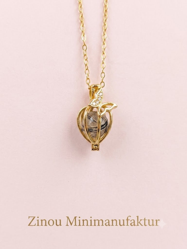 Goldener Käfig mit Schmetterling mit kleinen Zirkonia Mitte eine 8mm Perle gefüllt mit Fell oder Asche