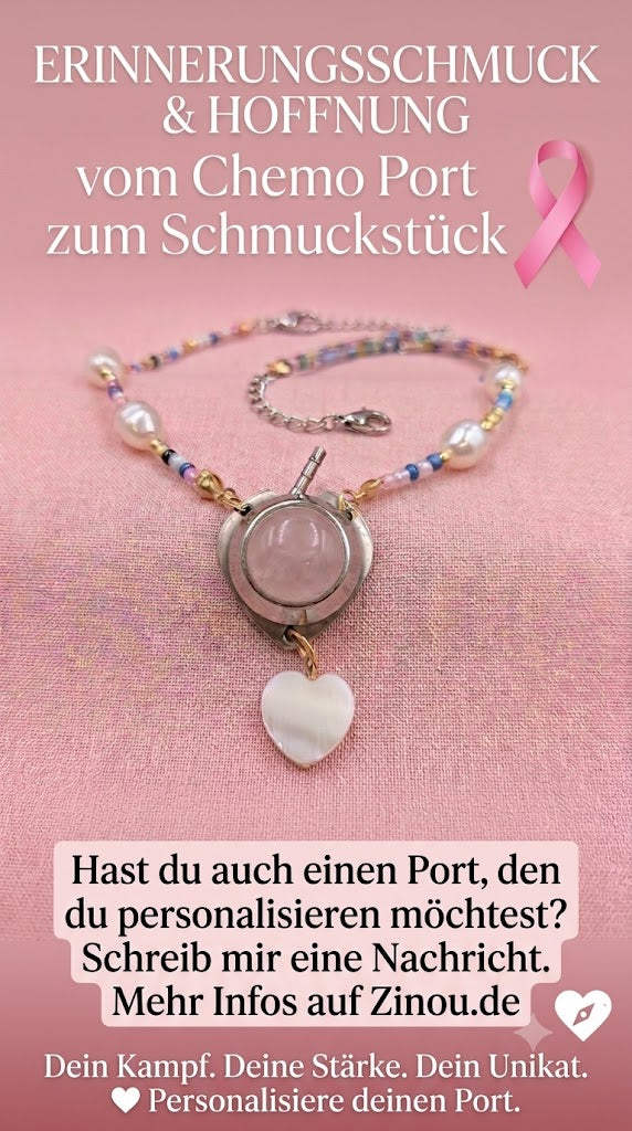 Chemo Port Anhänger an Perlenkette Andenken mit Rosenquarz Chemo Schleife