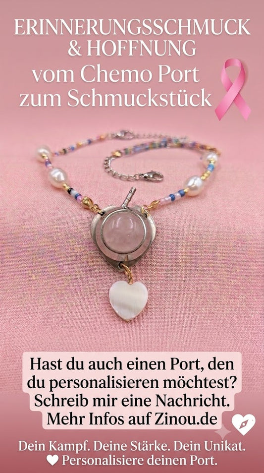 Chemo Port Anhänger an Perlenkette Andenken mit Rosenquarz Chemo Schleife