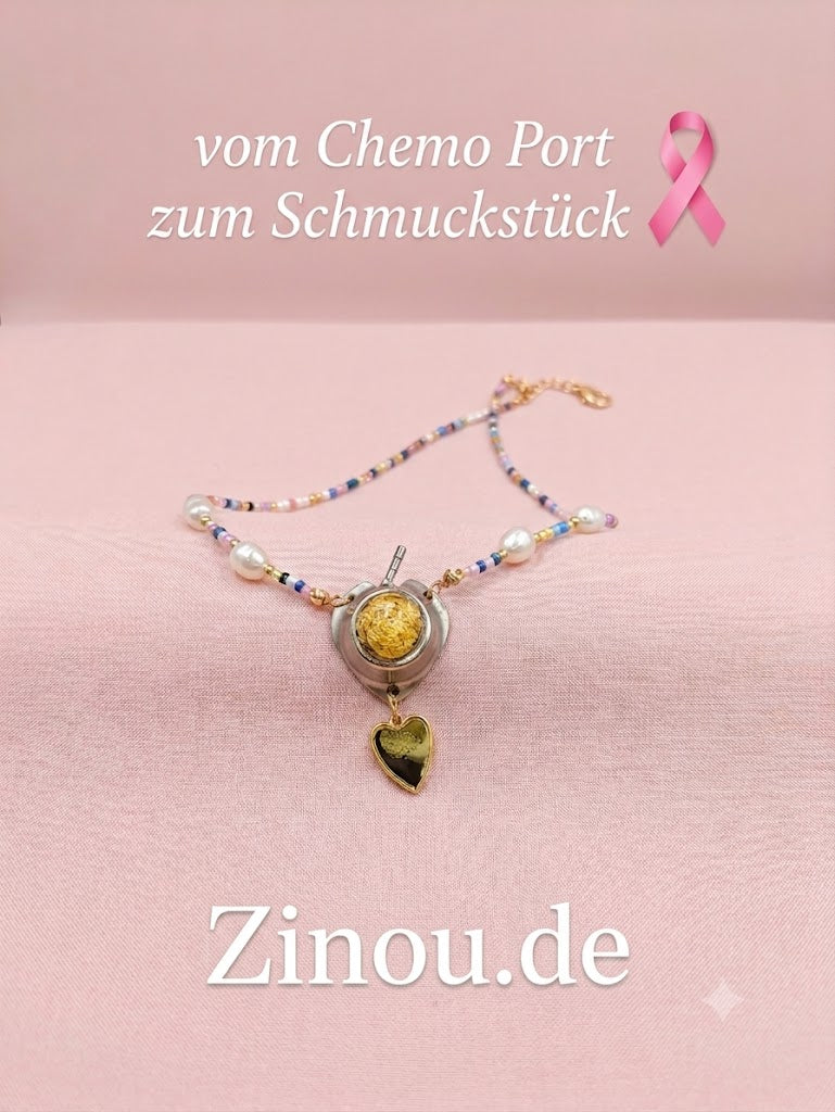 Chemo Port Anhänger an Perlenkette Andenken mit Rosenquarz Chemo Schleife Blattgold