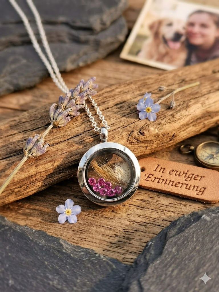 Befüllbares Glasmedaillon Amulett aus Edelstahl mit Drehverschluss für Tierhaare und Floating Charms