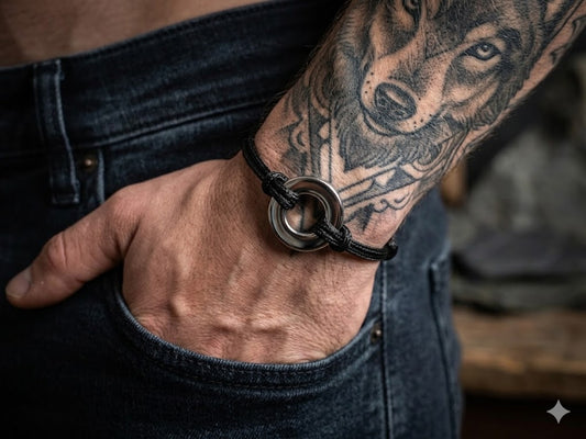 Angelo-Aschearmband mit silbernem Ring-Element an schwarzer Kordel am Handgelenk getragen, tätowierter Arm mit Wolf-Motiv – Gedenkschmuck von Zinou Minimanufaktur