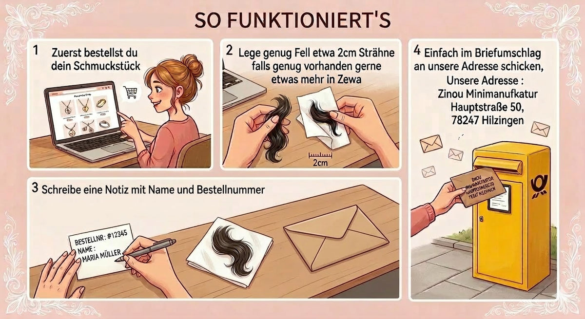 Schritt-für-Schritt-Anleitung zur Bestellung von Tierhaarschmuck mit Einsendung einer Haarsträhne per Briefumschlag an die Zinou Minimanufaktur