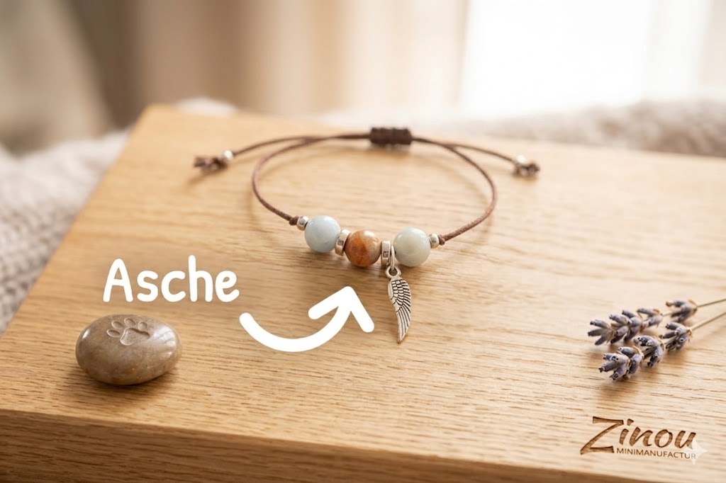 Makrameearmband mit einer Ascheperle und Aquamarinperlen rechts und links von der Ascheperle vom verstorbenen Schatz