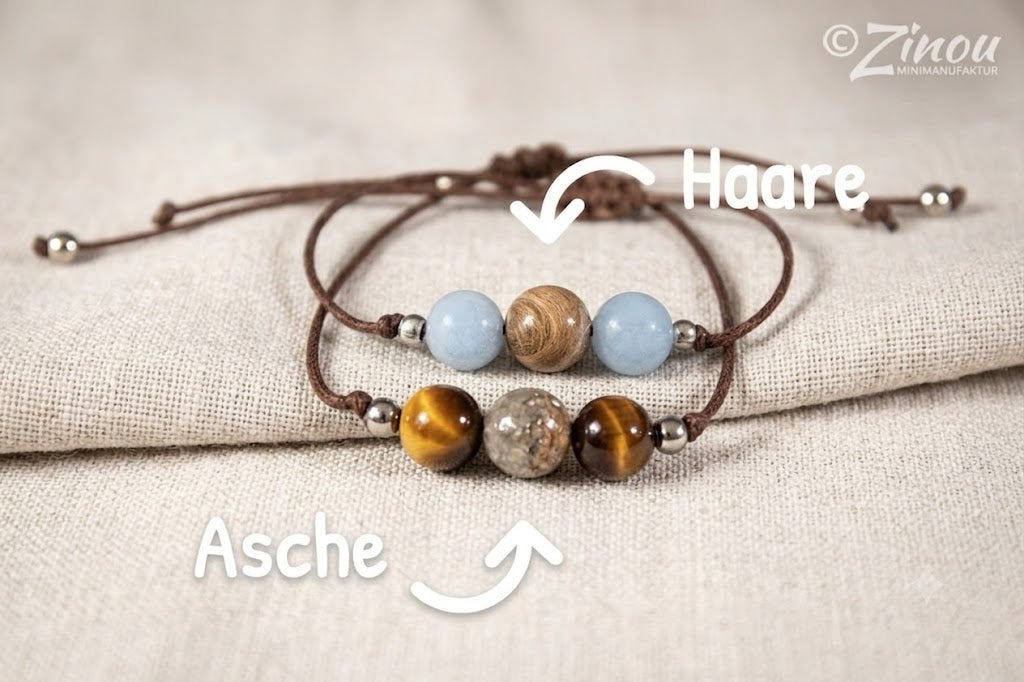 Armband Feder mit Halbedelsteinen Aquamarin oder Tigerauge und Perle gefüllt mit Fell oder Asche

