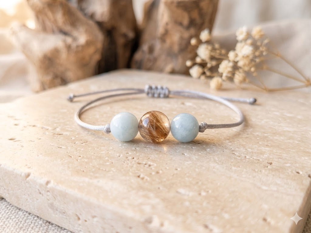 Makramee Armband mit Fellperle und Auqamarin rechts und links, Tierhaarschmuck