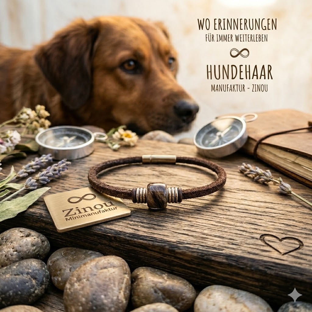 braunes Wildlederarmband mit eckiger Fellperle gefüllt mit Haaren von einem braunen Labrador