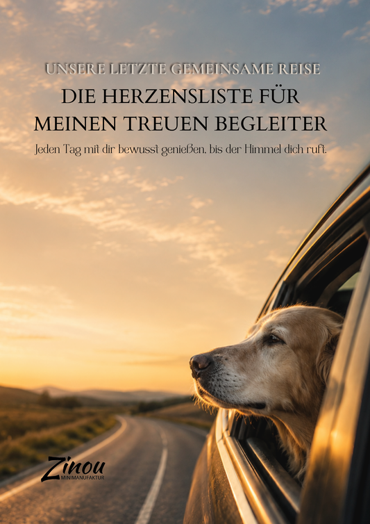 Cover der Bucketliste für Hunde: Golden Retriever schaut aus Autofenster bei Sonnenuntergang – „Die Herzensliste für meinen treuen Begleiter" von Zinou Minimanufaktur