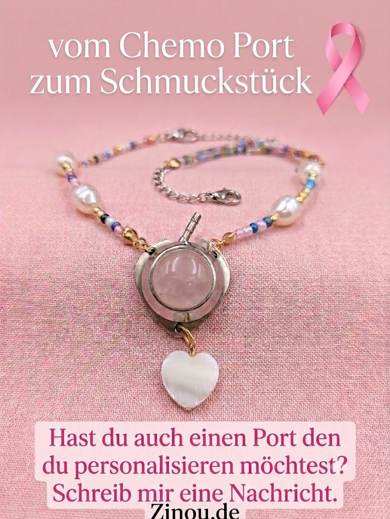 Chemo Port Anhänger an Perlenkette Andenken mit Rosenquarz Chemo Schleife Aquamarine, Aufmunterungsgeschenk