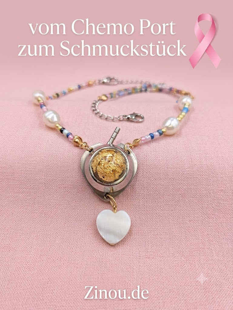 Chemo Port Anhänger an Perlenkette Andenken mit Rosenquarz Chemo Schleife weißes Herz
