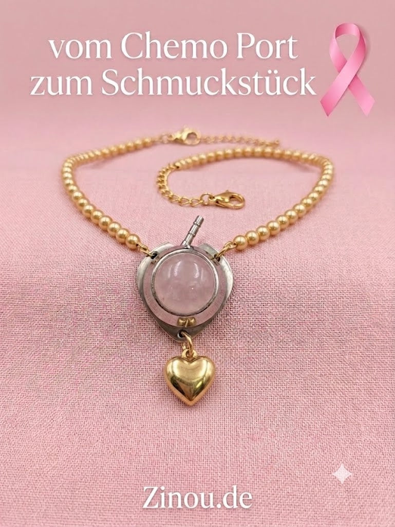 Chemo Port Anhänger an goldener Perlenkette Andenken mit Rosenquarz goldenes Herz Charm  