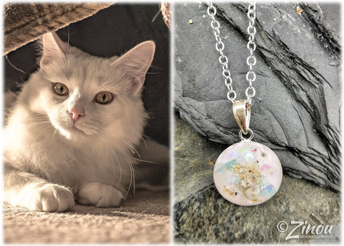Silberner Dana-Anhänger mit Asche-Einschluss auf Schieferstein neben Katzenportrait – Gedenkschmuck von Zinou Minimanufaktur