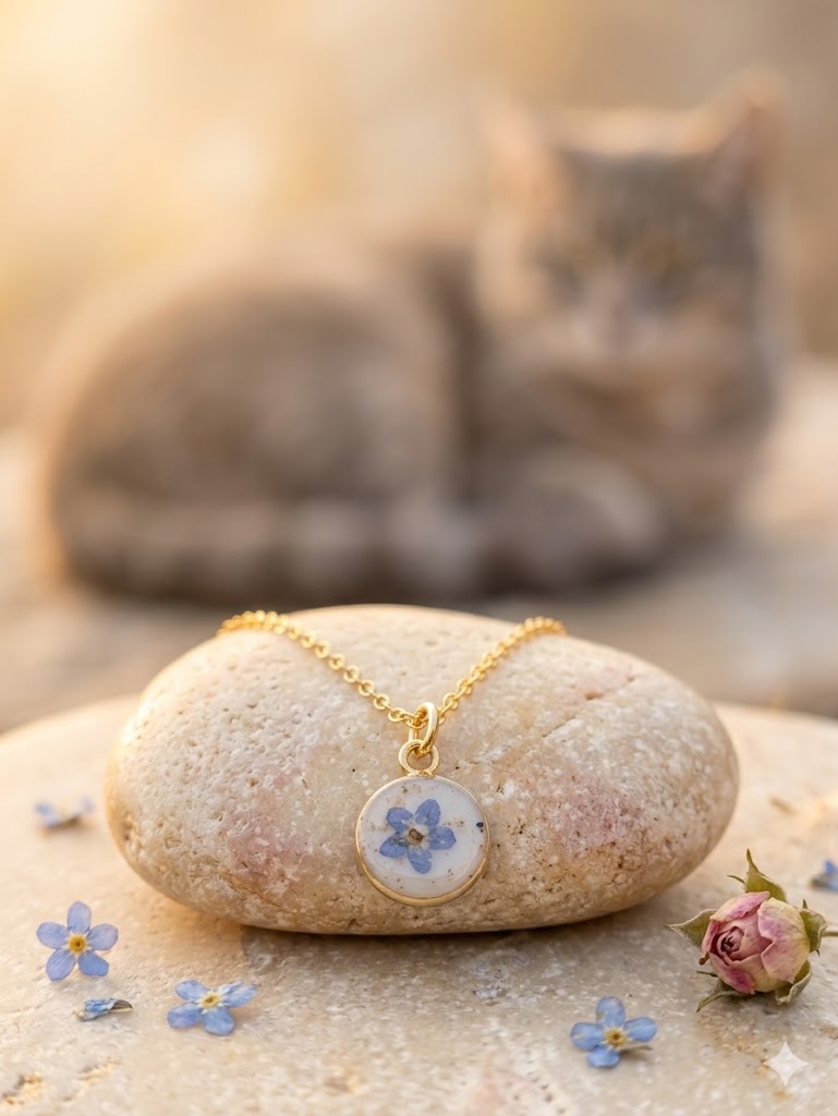 Goldener Dana-Anhänger mit echter Vergissmeinnicht-Blüte auf hellem Kieselstein, Katze im Hintergrund und Trockenblumen – Gedenkschmuck von Zinou Minimanufaktur