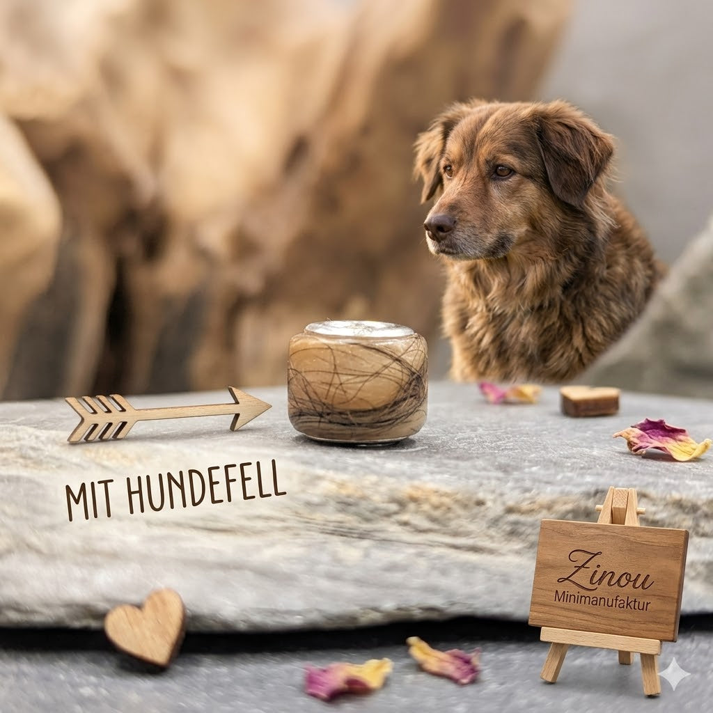 Eckige Großlochperle gefüllt mit Hundefell auf Schieferstein mit rotem Hund im Hintergrund – Tierhaarschmuck von Zinou Minimanufaktur