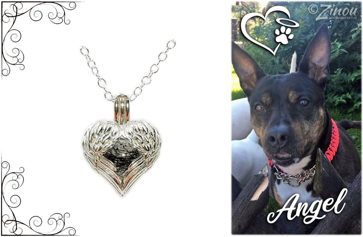 Engelrufer Herz-Anhänger mit Flügeln gefüllt mit Fell von Hund Angel – Gedenkschmuck von Zinou Minimanufaktur
