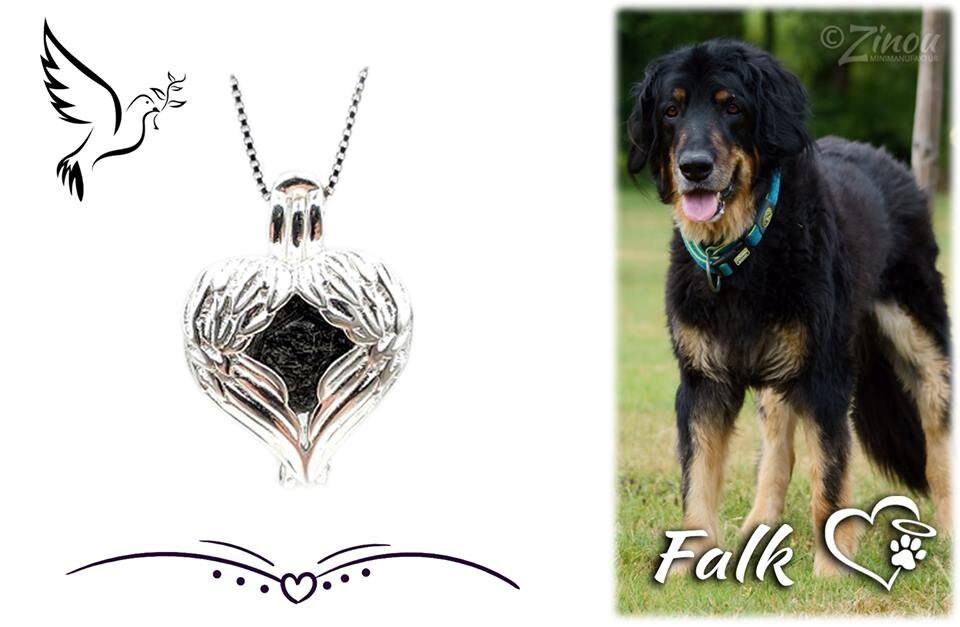 Engelrufer Herz-Anhänger mit Flügeln gefüllt mit schwarzem Fell von Hund Falk – Gedenkschmuck von Zinou Minimanufaktur