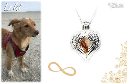 Engelrufer Herz-Anhänger mit Flügeln gefüllt mit Fell von Hund Loki – Gedenkschmuck von Zinou Minimanufaktur