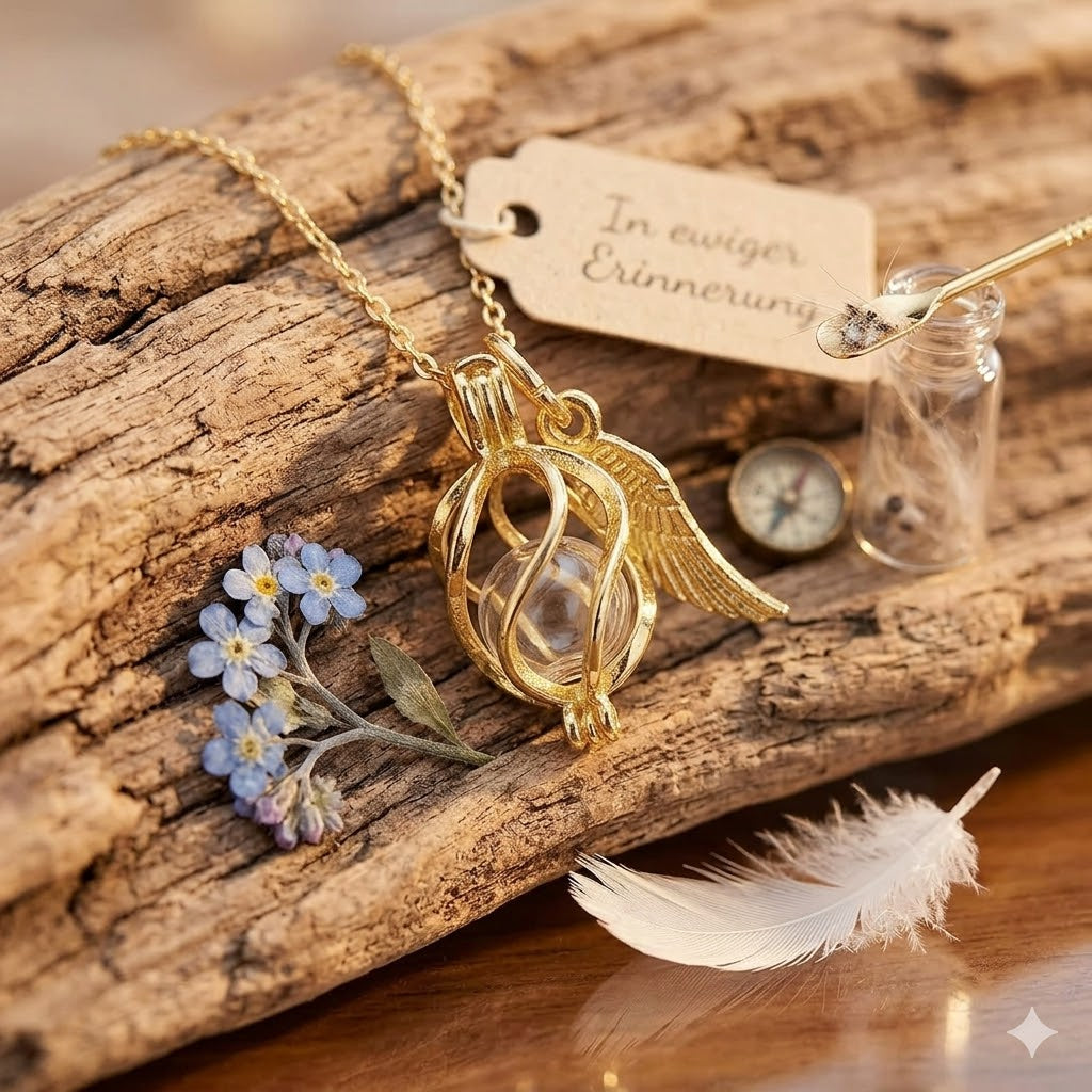Goldener Käfig-Anhänger mit Flügel-Charm und Glasperle auf Treibholz, seitliche Nahaufnahme – Gedenkschmuck von Zinou Minimanufaktur