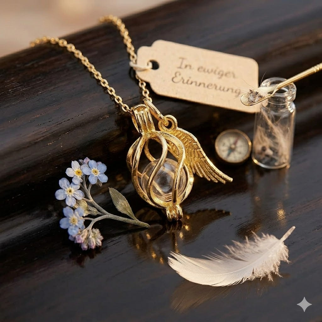Goldener Käfig-Anhänger mit Flügel-Charm auf Treibholz mit Vergissmeinnicht, Feder, Kompass und Karte „In ewiger Erinnerung" – Gedenkschmuck von Zinou Minimanufaktur