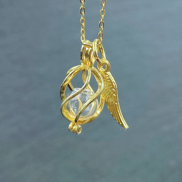 Sterling Silber Engelrufer Käfig mit goldenem Flügel mit Glasperle auf hängend an Goldkette zum selberfüllen Zinou Minimanufaktur