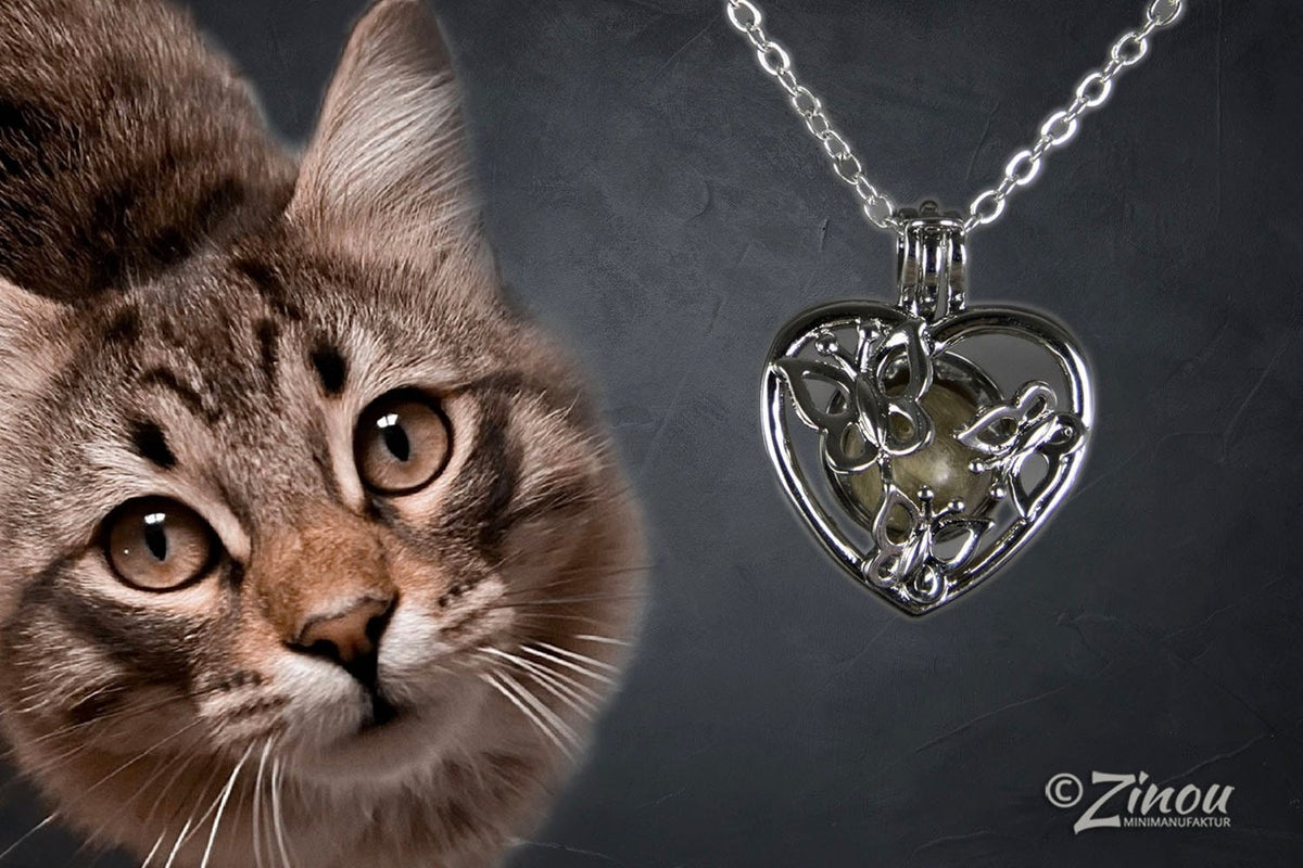Silberner Engelsrufer Herz-Anhänger mit Schmetterlingsmotiv und Fell-Perle neben Katzenportrait – Tierhaarschmuck von Zinou Minimanufaktur