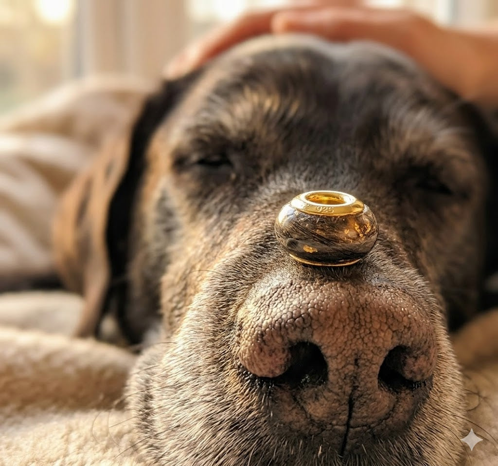 Nahaufnahme eines schlafenden braunen Hundes, auf dessen Schnauze eine mit Tierfell gefüllte Gedenkperle mit Silberöse liegtArmbänder 