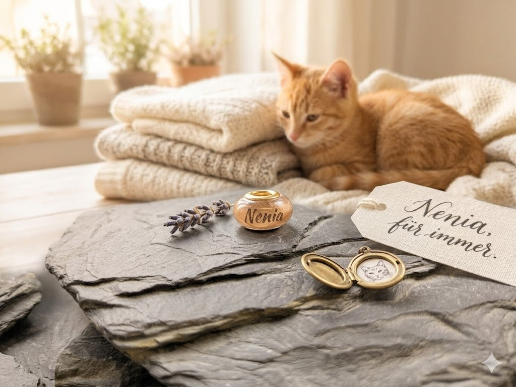 Personalisierte Gedenkperle mit dem Namen Nenia und passendes goldenes Medaillon auf Schieferstein platziert, im Hintergrund eine rote Katze auf einer Decke und ein Kärtchen Nenia, für immer.