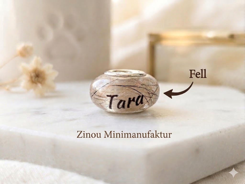 Runde Gedenkperle aus Harz gefüllt mit Tierfell und personalisiert mit dem Namen Tara, präsentiert auf einem weißen Marmorsockel mit Zinou Minimanufaktur Schriftzug