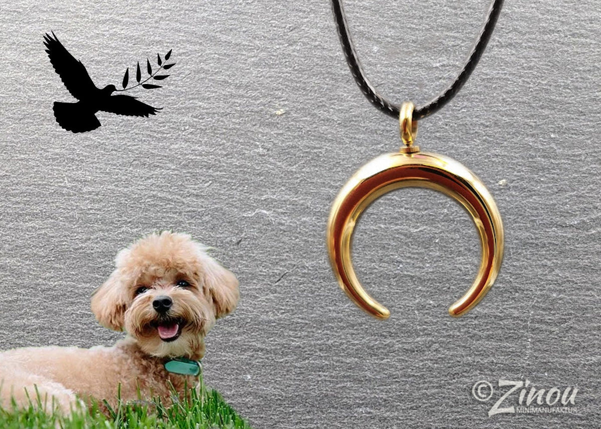 Goldener Edelstahl-Halbmond-Urnenanhänger an schwarzem Lederband auf Schieferstein, Lifestyle-Bild mit Pudel – Gedenkschmuck für Asche von Zinou Minimanufaktur