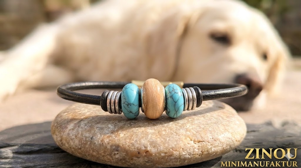 Glücksbringer Armband Lucky mit Fellperle und zwei türkisen Howlith-Perlen auf Kieselstein, schlafender Golden Retriever im Hintergrund – Tierhaarschmuck von Zinou Minimanufaktur