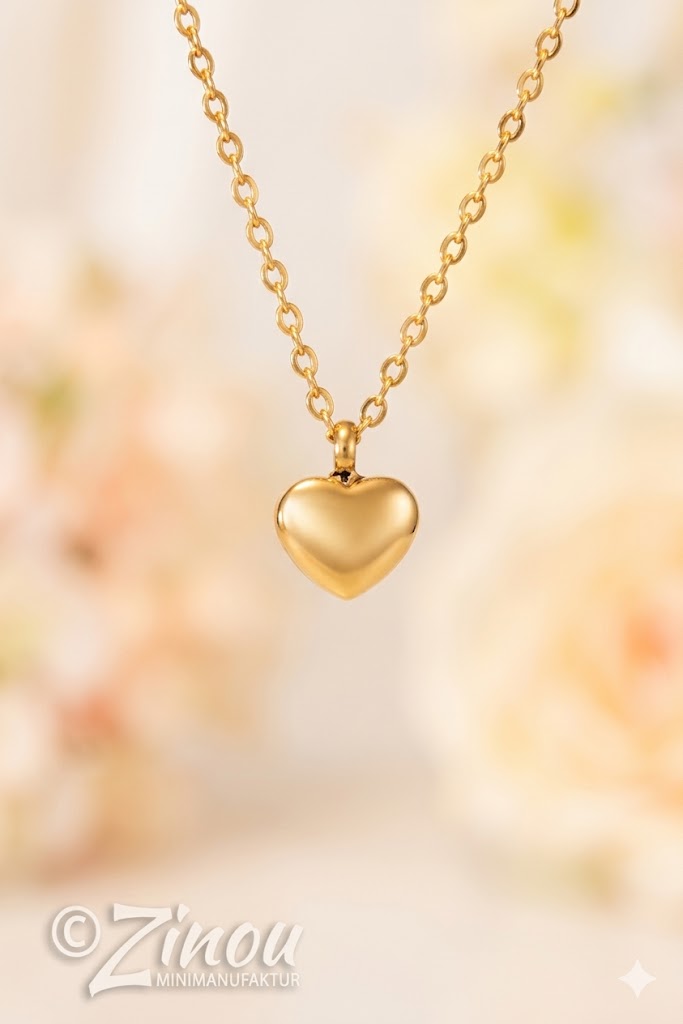 Nahaufnahme einer goldenen Halskette mit befüllbarem Herzanhänger als Mini-Urne, präsentiert vor einem hellen, floralen Hintergrund mit Zinou Minimanufaktur Wasserzeichen