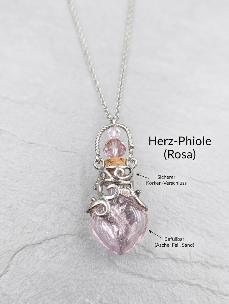 Befüllbarer Herz-Glasanhänger in Rosa mit filigraner Silberfassung und Korken-Verschluss – Gedenkschmuck für Tierhaar oder Asche, Zinou Minimanufaktur