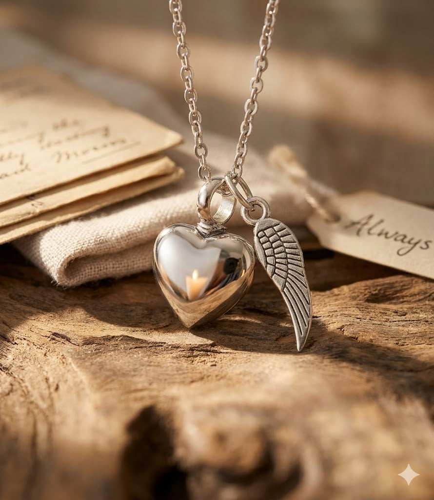 Silberne Herz-Urne mit Flügel-Charm an Silberkette auf Treibholz mit alten Briefen und „Always"-Kärtchen, Kerzenlicht-Reflexion – Gedenkschmuck von Zinou Minimanufaktu