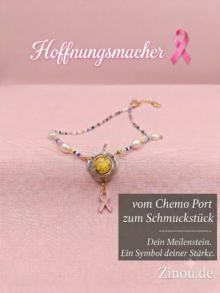 Chemo Port Anhänger an Perlenkette Andenken mit Blattgold Chemo Schleife 