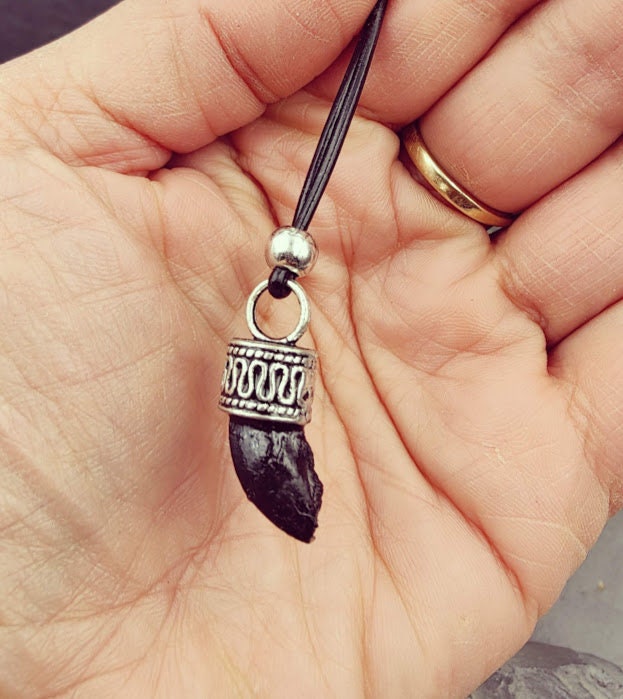 schwarze kleine Kralle-Anhänger mit silbernem Stern-Charm in Hand  Tierschmuck von Zinou Minimanufaktur
