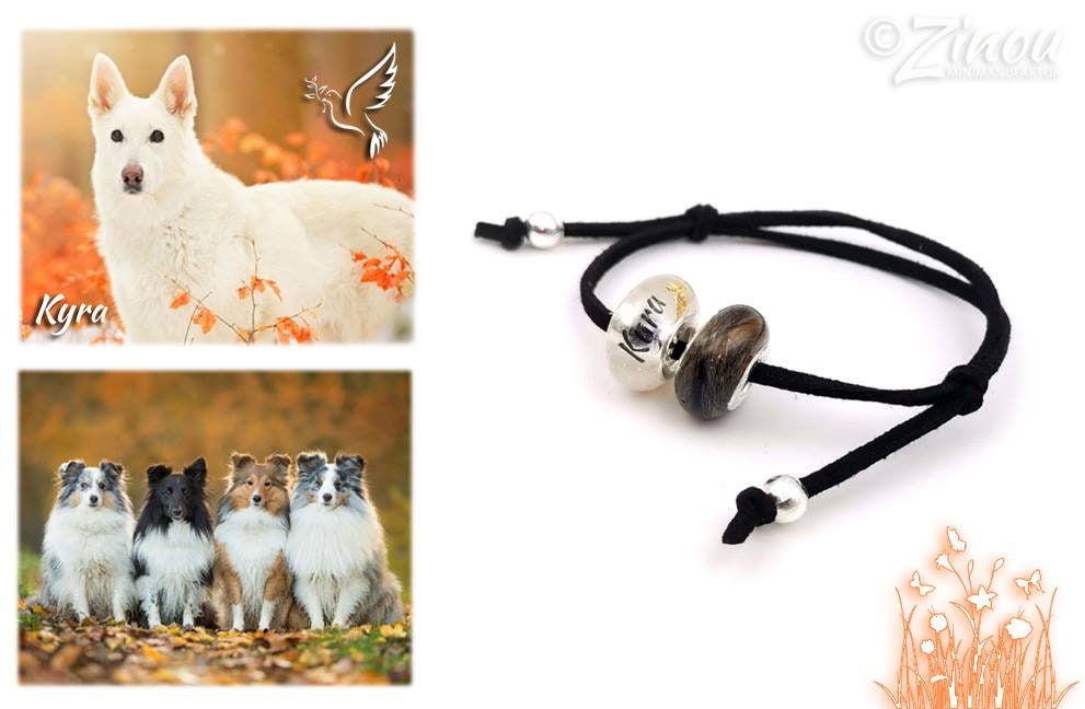 Lederarmband Lenni mit dunkler Fellperle und Name „Kyra\" an schwarzer Kordel, neben Portrait von Hund Kyra – Tierhaarschmuck von Zinou Minimanufaktur