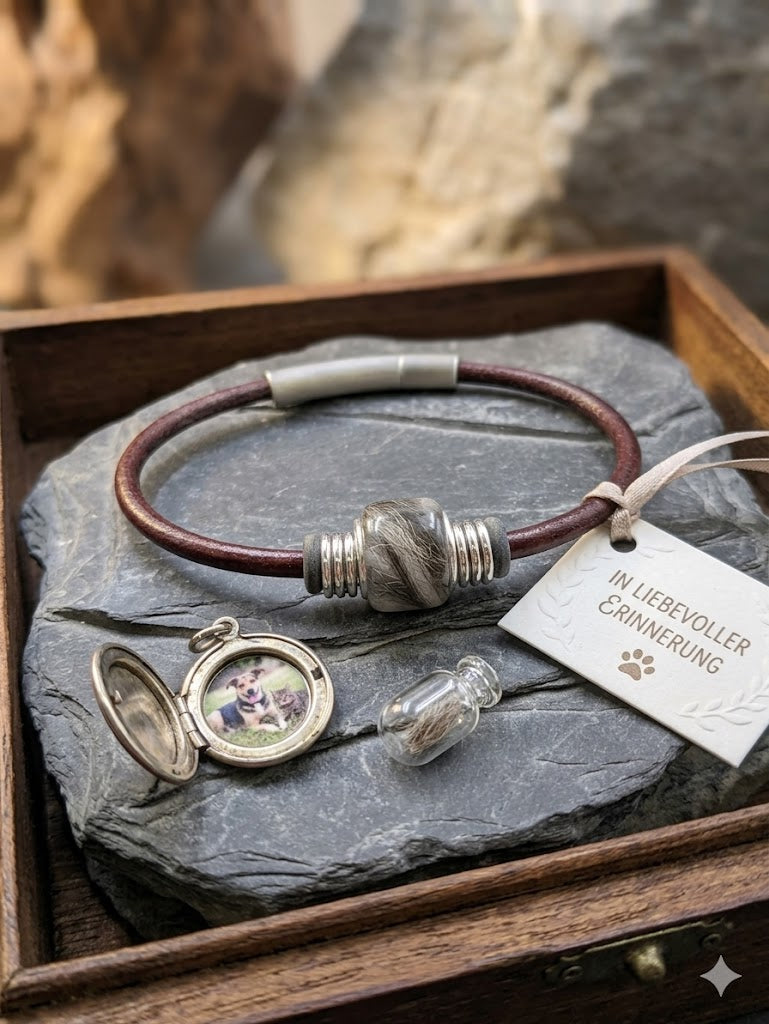Braunes Lederarmband mit Tierhaar-Perle, Medaillon mit Tierfoto und kleinem Glasfläschchen auf einer Schieferplatte in einer Holzbox mit Kärtchen In liebevoller Erinnerung