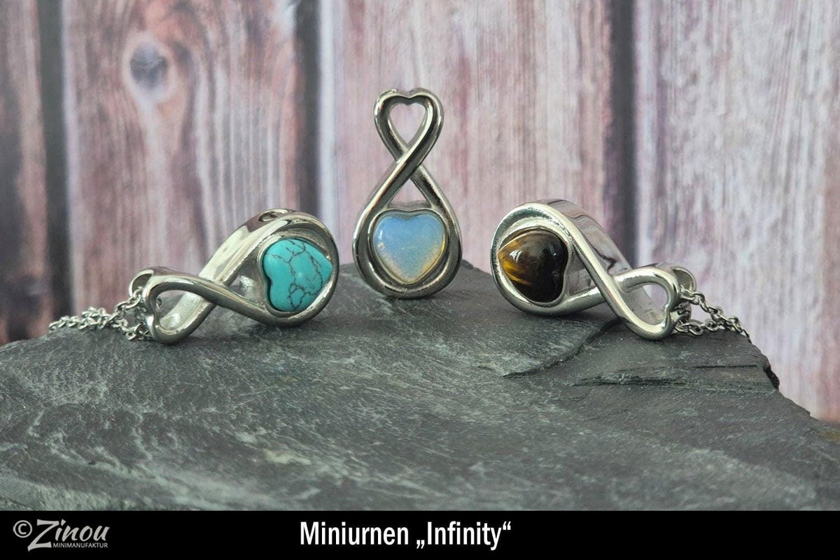 Drei Tierhaarschmuck Infinity-Miniurnen-Anhänger mit türkisem, Opalit- und Tigerauge-Herz auf Schieferstein – Gedenkschmuck von Zinou Minimanufaktur
