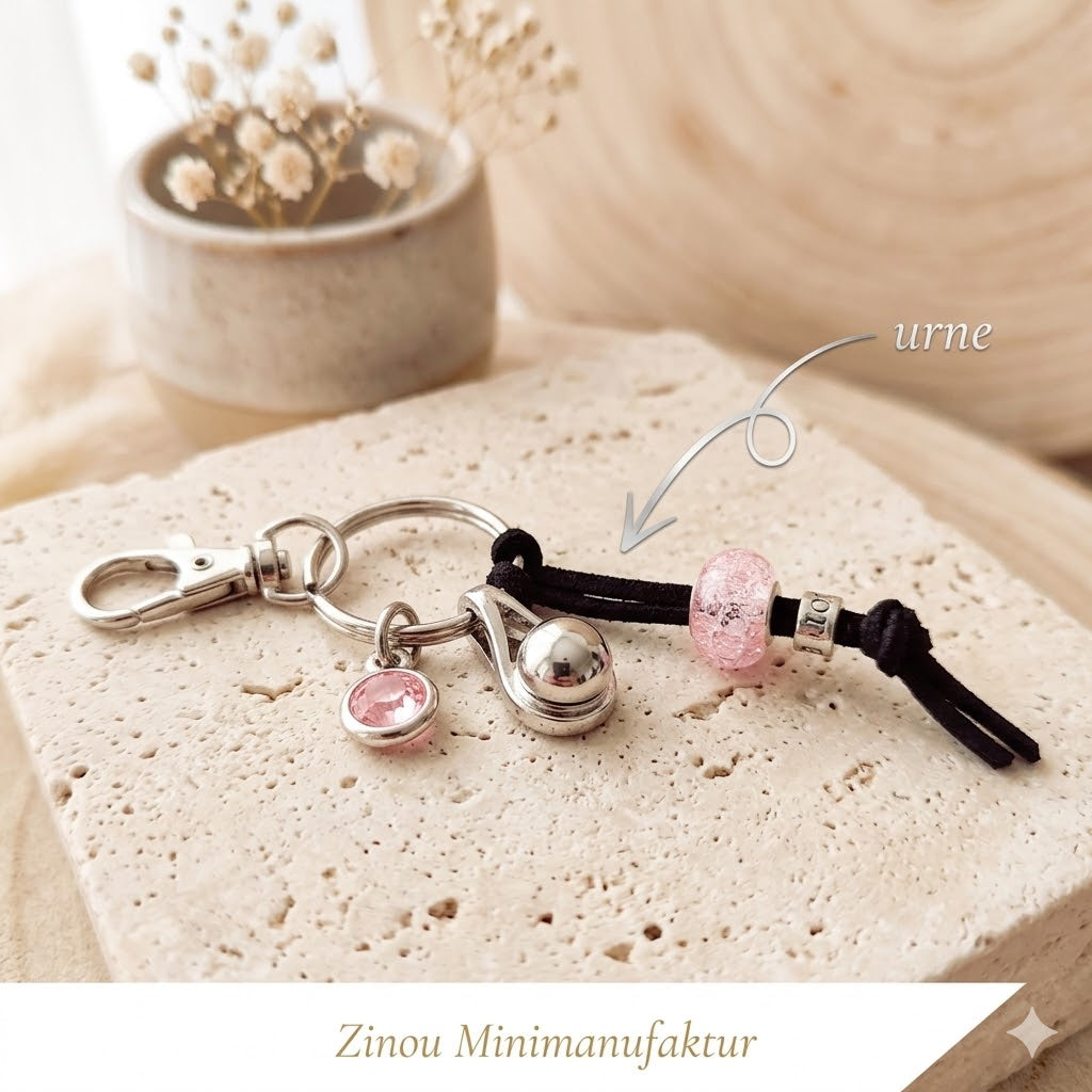 Schlüsselanhänger mit silberner Tränen-Miniurne, rosé Strassstein-Charm und rosa Glasperle auf schwarzer Lederkordel auf Sandstein mit Trockenblumen – Gedenkschmuck von Zinou Minimanufaktur