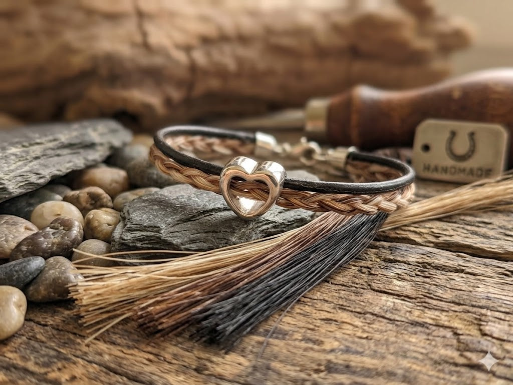 Bracelet en crin de cheval avec cœur, bijoux en poils d'animaux, crin de cheval, queue, bracelet, mémoire, poney