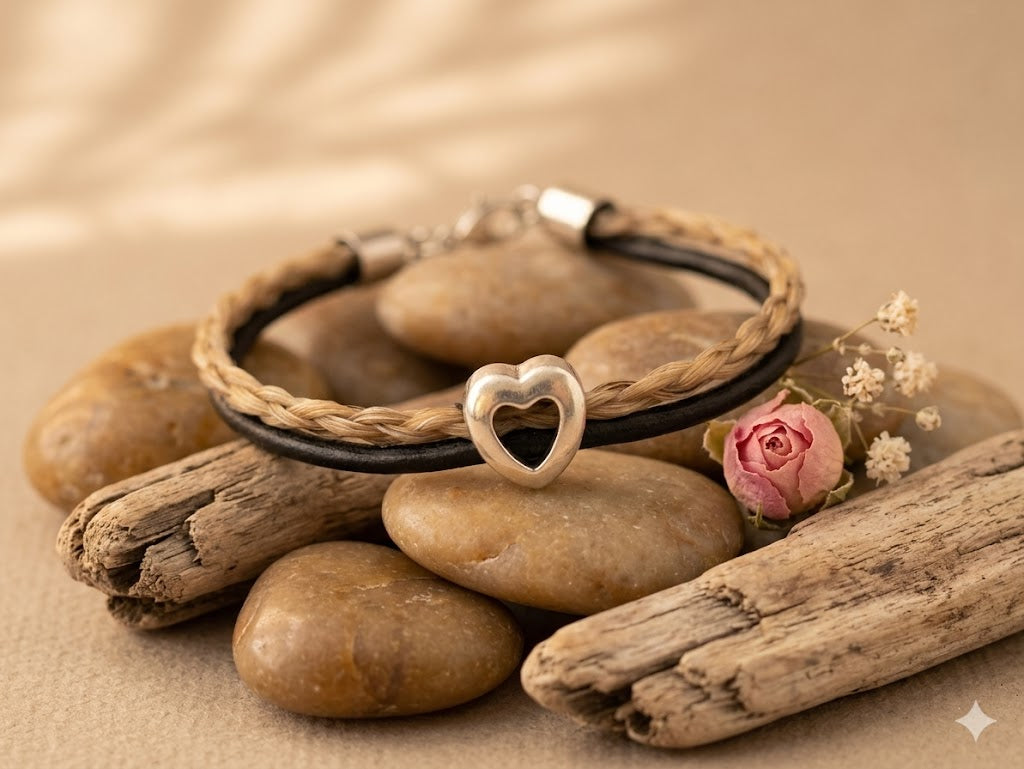 Pferdehaararmband mit Herzperle aus Edelstahl aus dem Schweifhaar vom eigenen Pferd