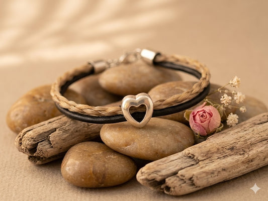 Pferdehaararmband mit Herzperle aus Edelstahl aus dem Schweifhaar vom eigenen Pferd
